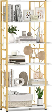 6-Tier Gold & White Bookshelf Modern Display Storage Unit Heavy-Duty Metal Frame