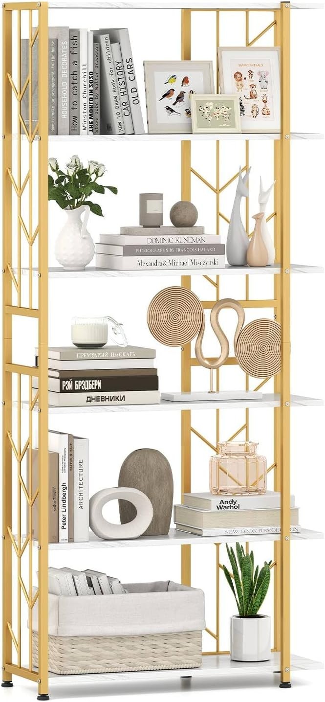 6-Tier Gold & White Bookshelf Modern Display Storage Unit Heavy-Duty Metal Frame