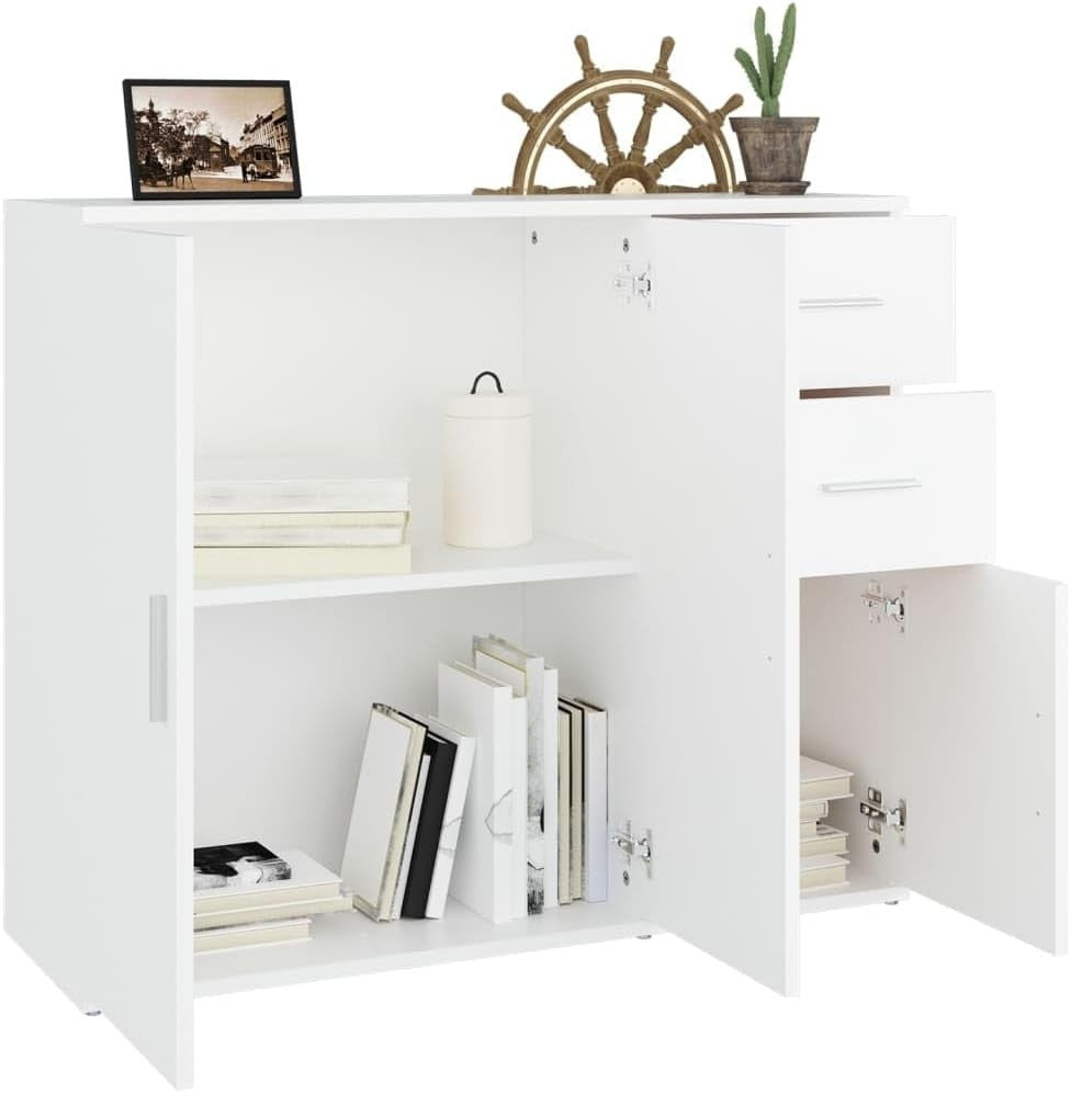 Modern White Engineered Wood Sideboard Storage Cabinet with Drawers & Doors
