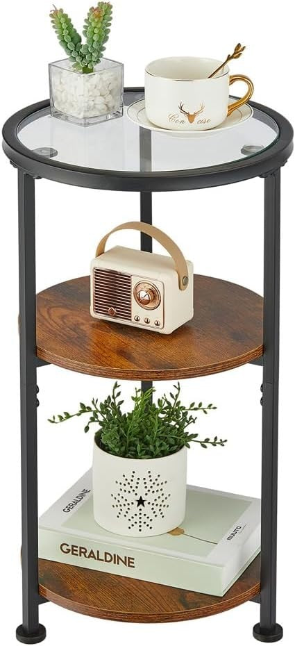 Modern Rustic Brown Round Side Table with Tempered Glass & 3-Tier Storage