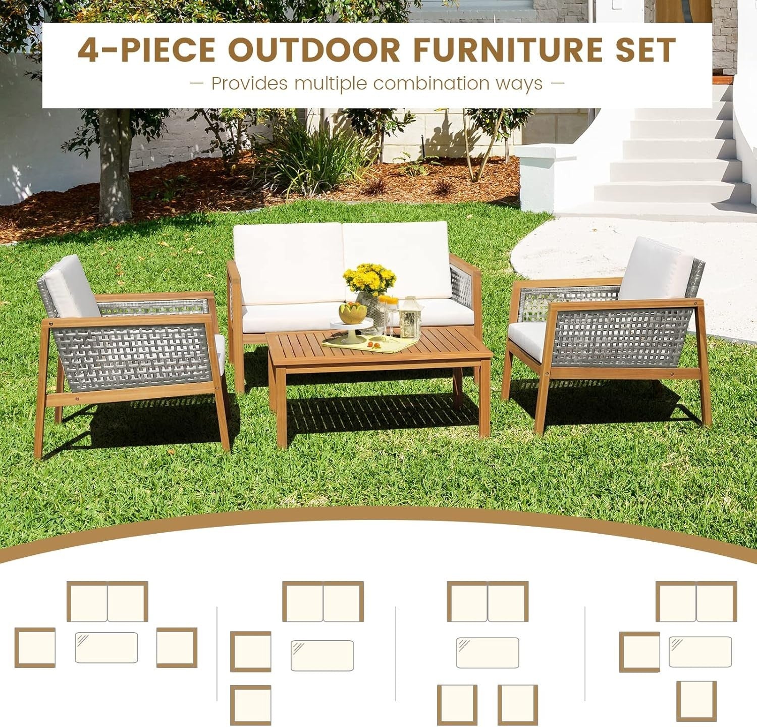 4PC Acacia Rattan Garden Sofa Set Outdoor Patio Seating w/ Table