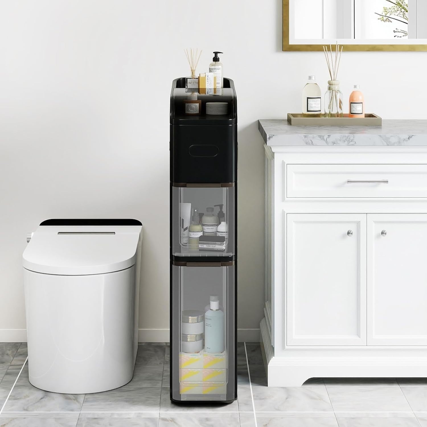 Slim Bathroom Storage Cabinet Rolling Organizer Drawers Black Wheels