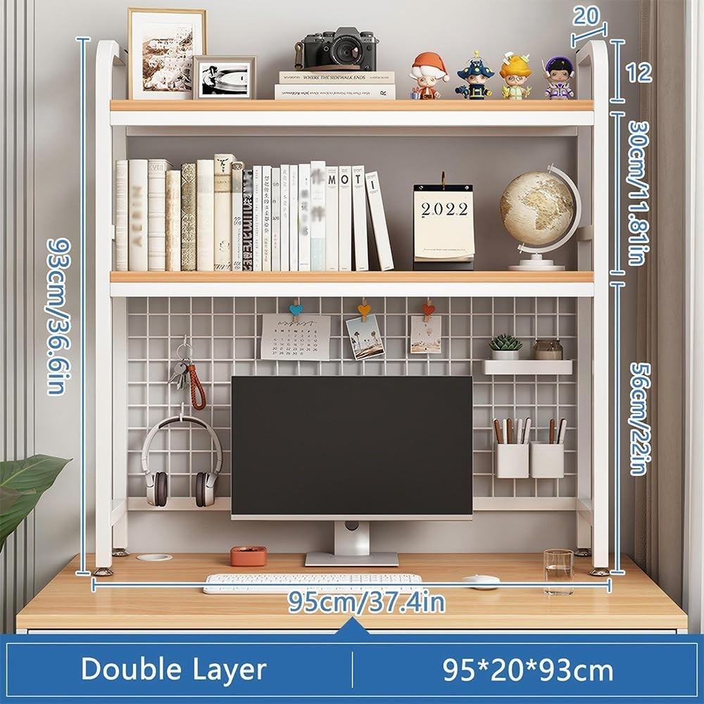 White 2-Tier Desktop Bookcase with Grid Panel Metal/MDF Desk Hutch 95cm