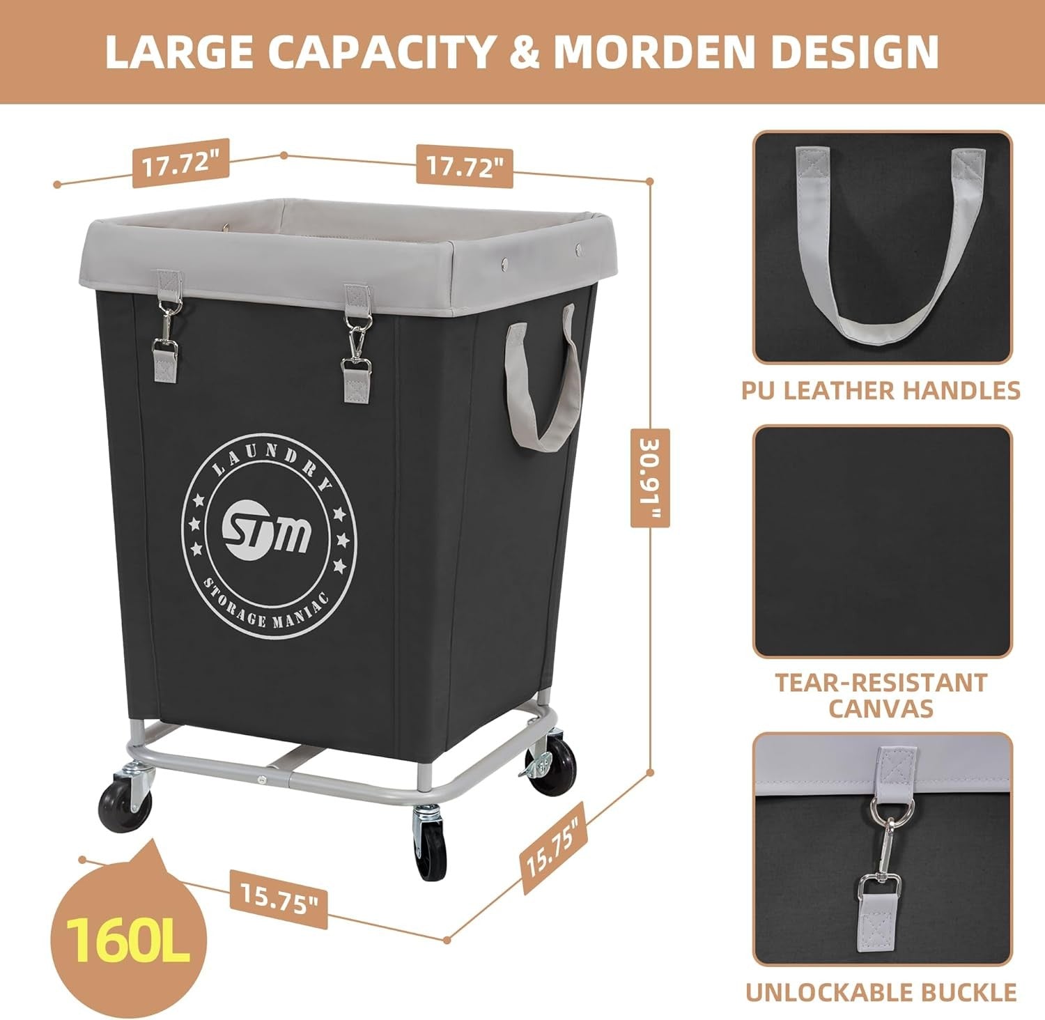 160L Commercial Laundry Hamper on Wheels | Heavy-Duty Steel Cart | Large Black B