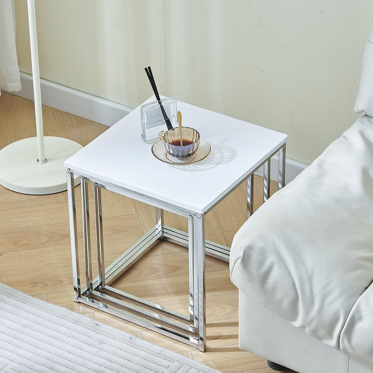 Space Saving 3pc Nesting End Side Tables Stackable High Gloss Modern White Set