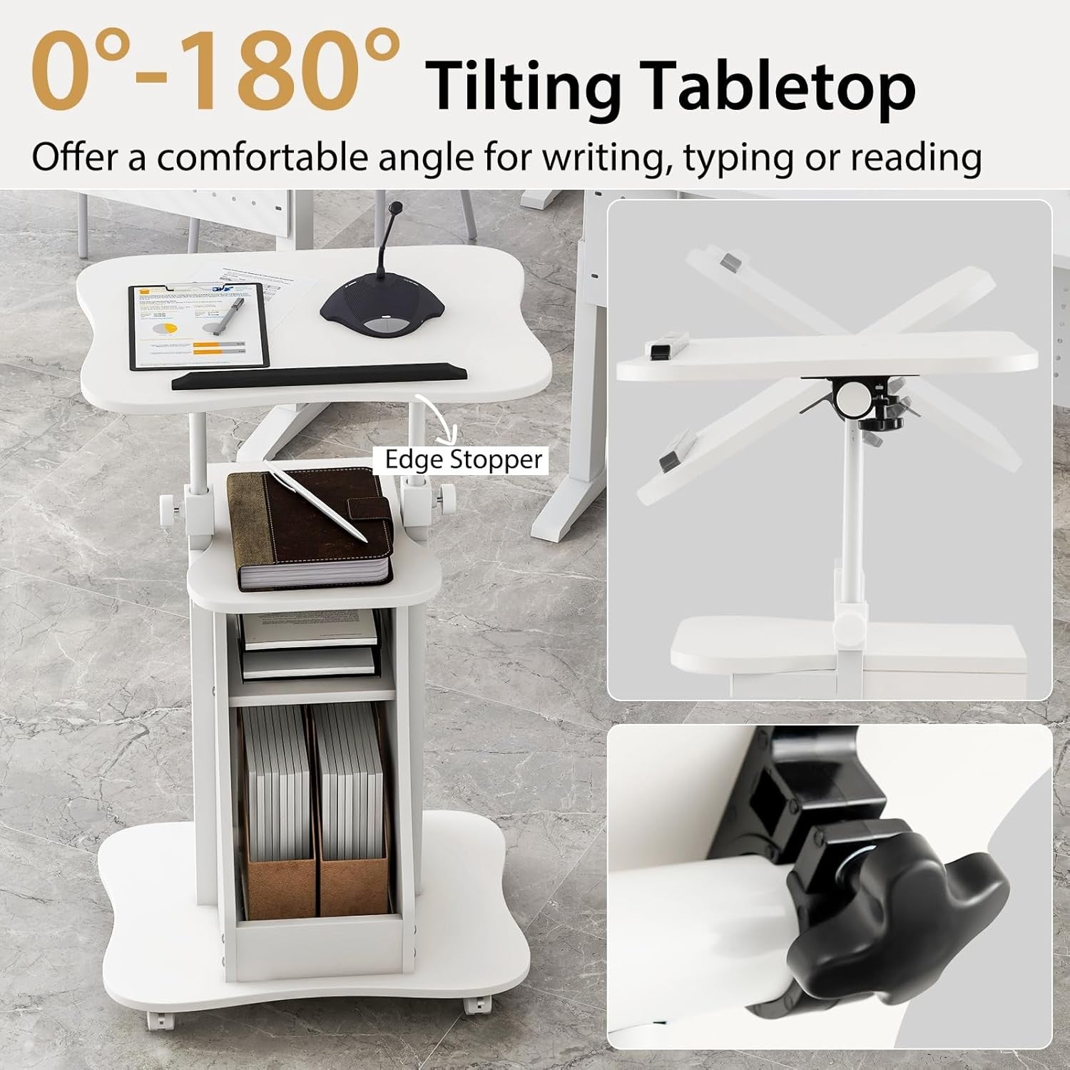 Height Adjustable Overbed Laptop Table on Wheels Storage Cabinet White