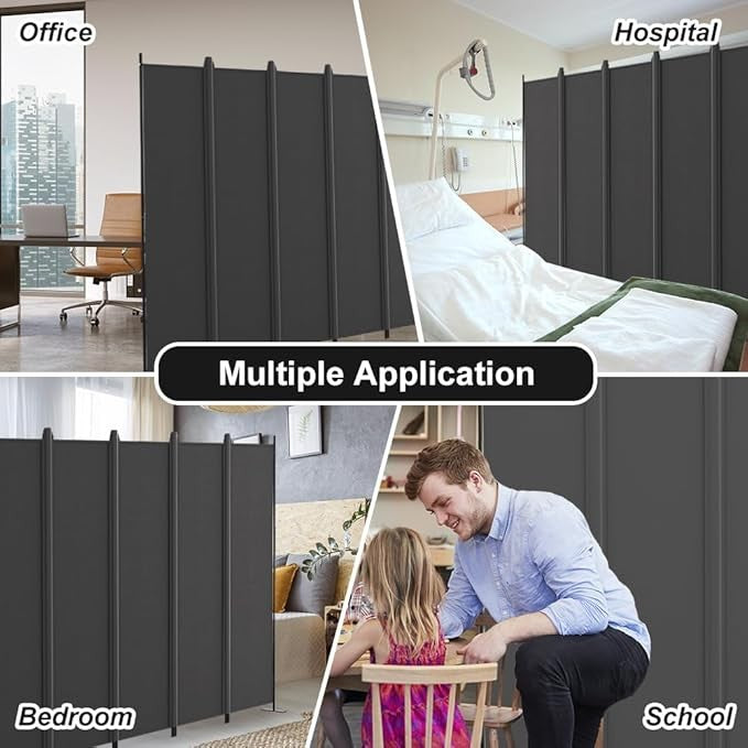 6-Panel Folding Room Divider 6ft Dark Grey Privacy Screen Wall Partition