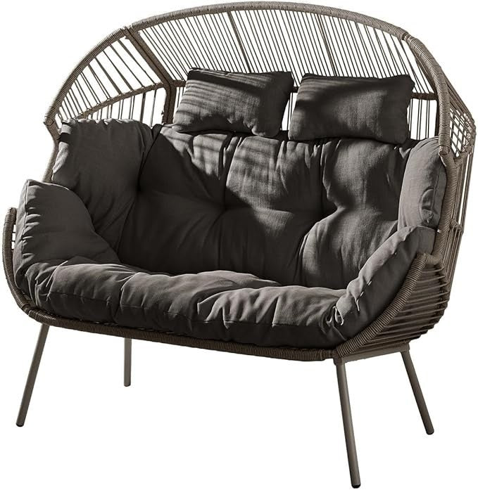 Grey Rattan Double Egg Chair 2 Seater Indoor Outdoor Patio Snug Seat w/ Cushions