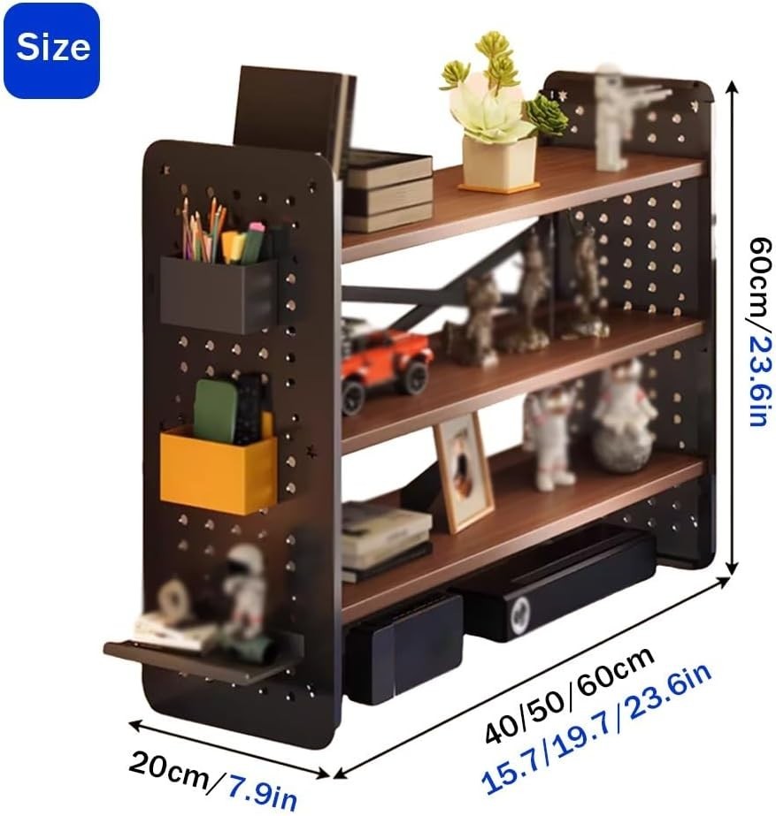 3 Tier Desktop Organizer Hutch Adjustable Bookshelf Rack w/ Grid Panel 60cm