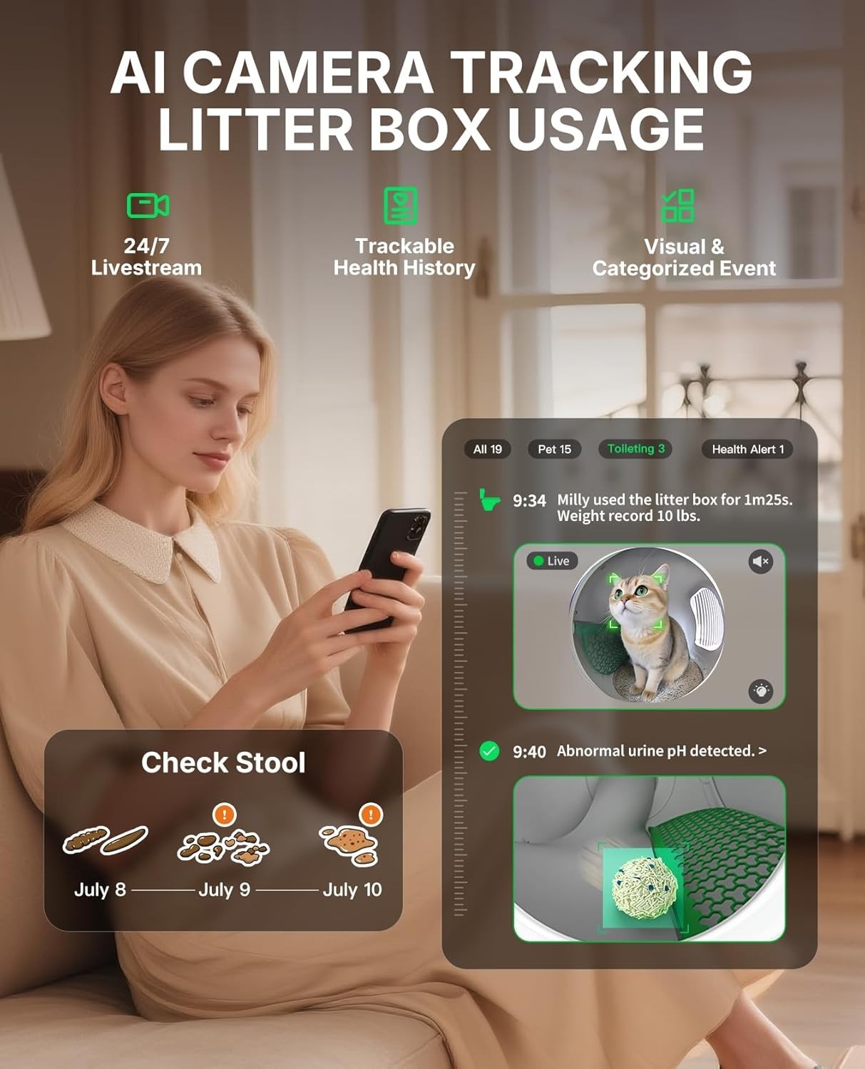 AI Self Cleaning Cat Litter Box Camera App Control 76L Multi Cat