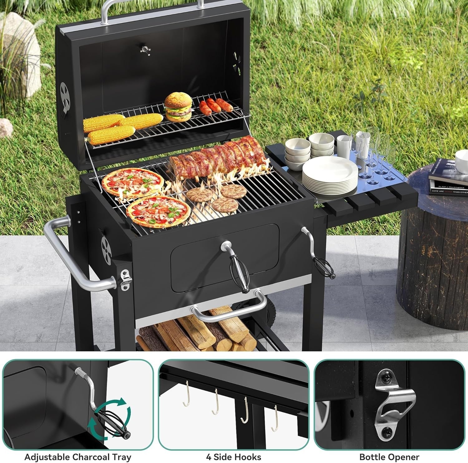 XL Charcoal BBQ Grill with Thermometer & Side Table | Outdoor Smoker