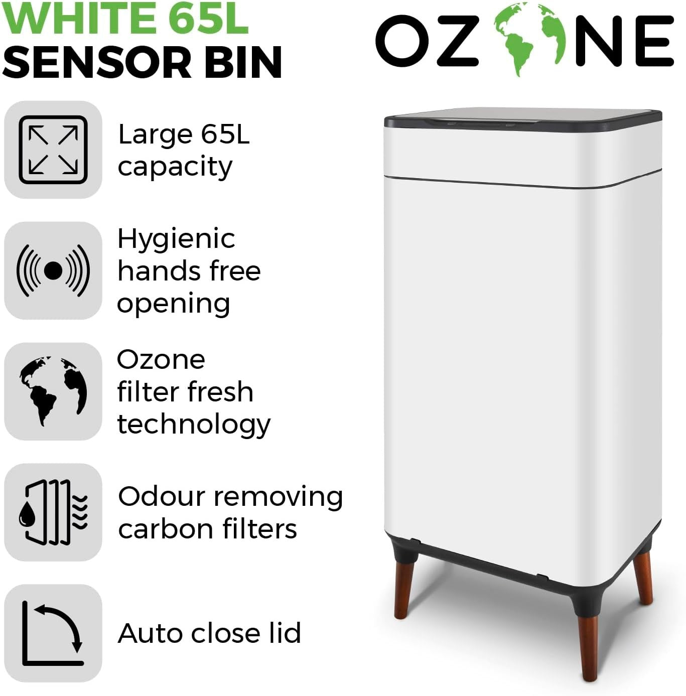 65L Touchless Kitchen Bin | Automatic Sensor Trash Can White with Legs