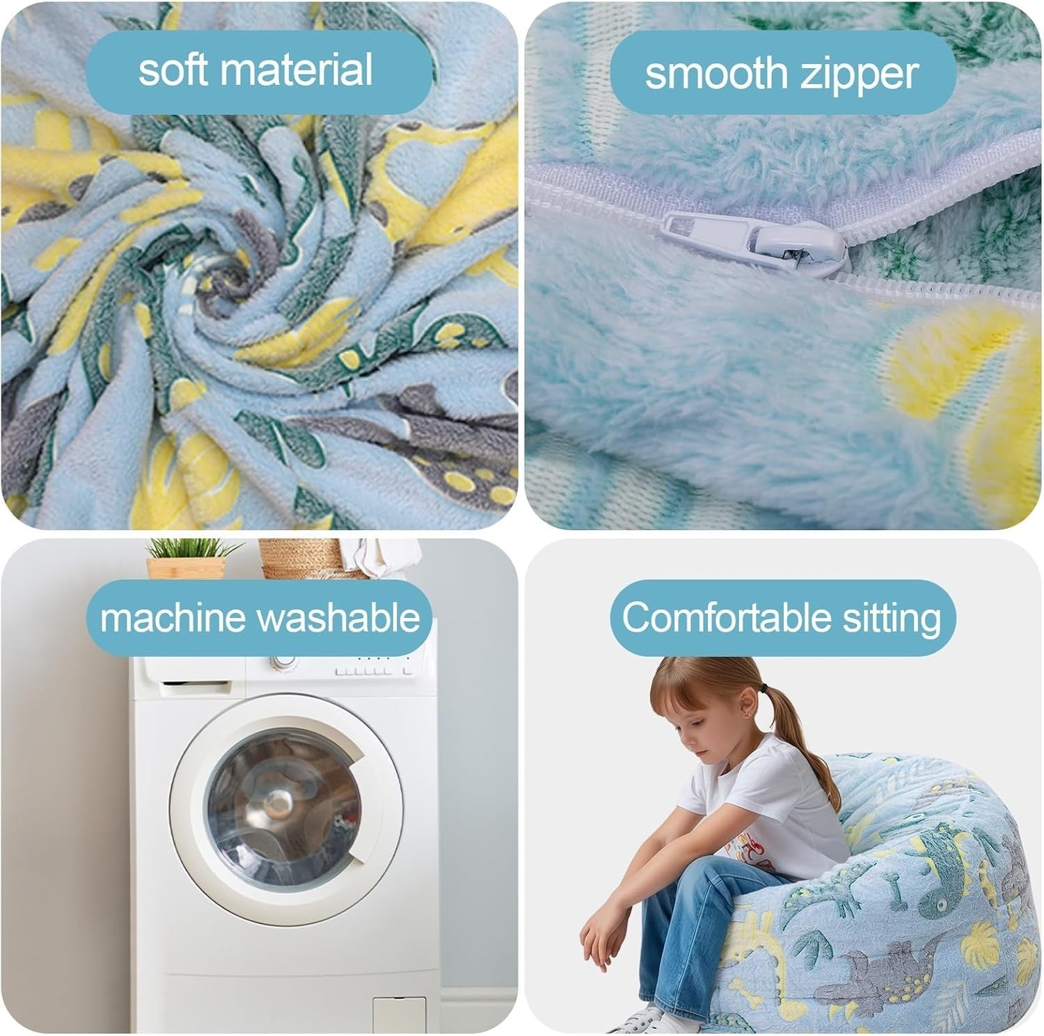 Kids Dinosaur Bean Bag Chair Bed 4-in-1 Sofa Sleep Mat Playroom Seat