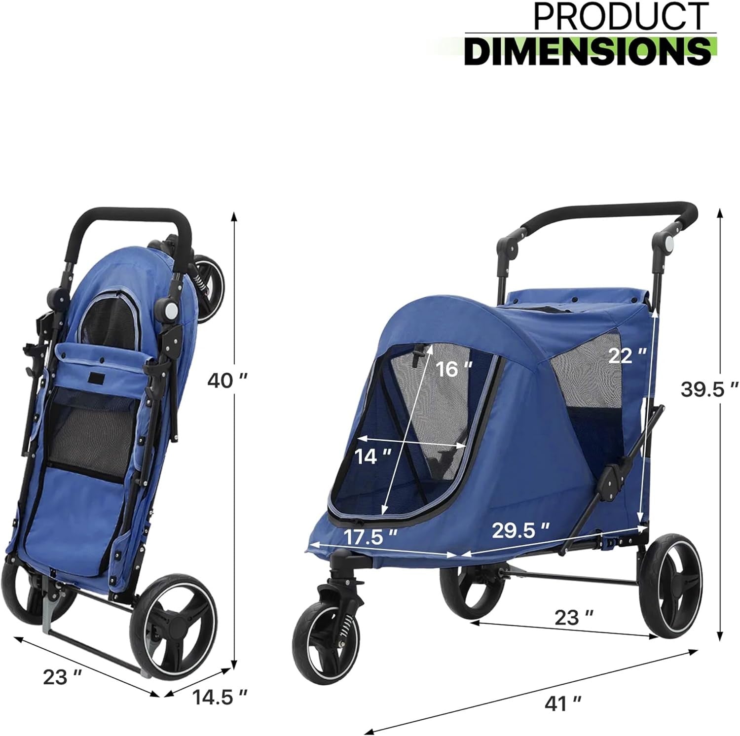 3 Wheel Dog Stroller Pushchair Foldable Pet Pram 30kg Blue