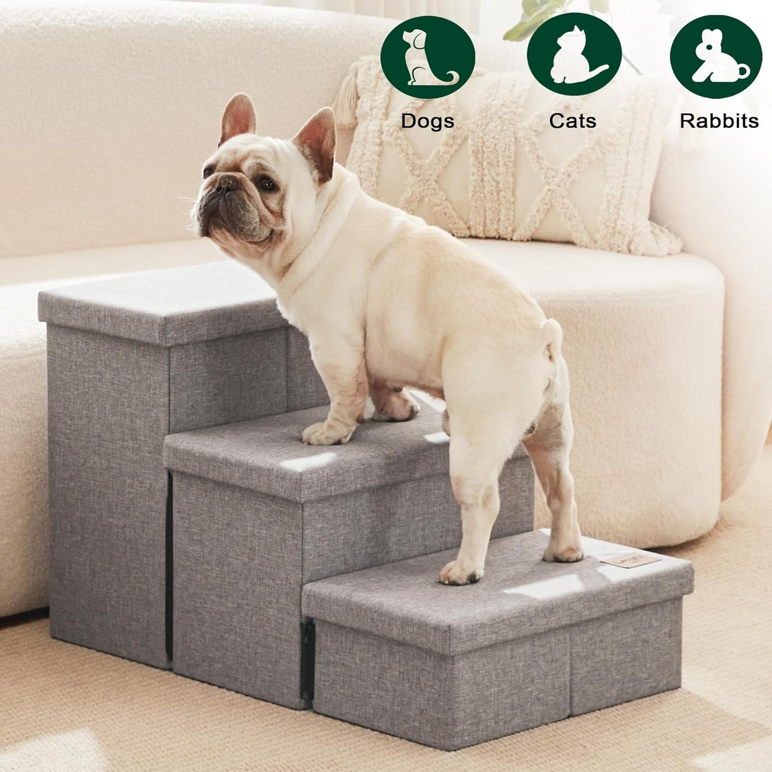 Dog Stairs 3 Step with Storage 18" High Foldable Pet Steps Grey