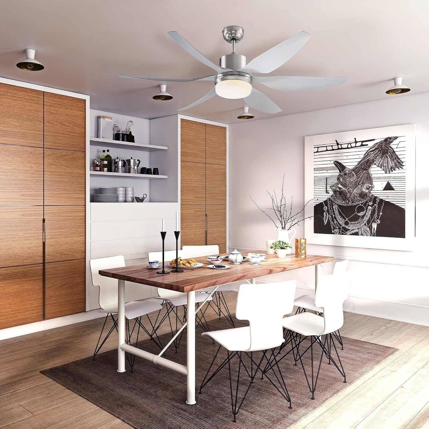 Reversible Ceiling Fan with LED Light, 6 Blades, Remote, Timer