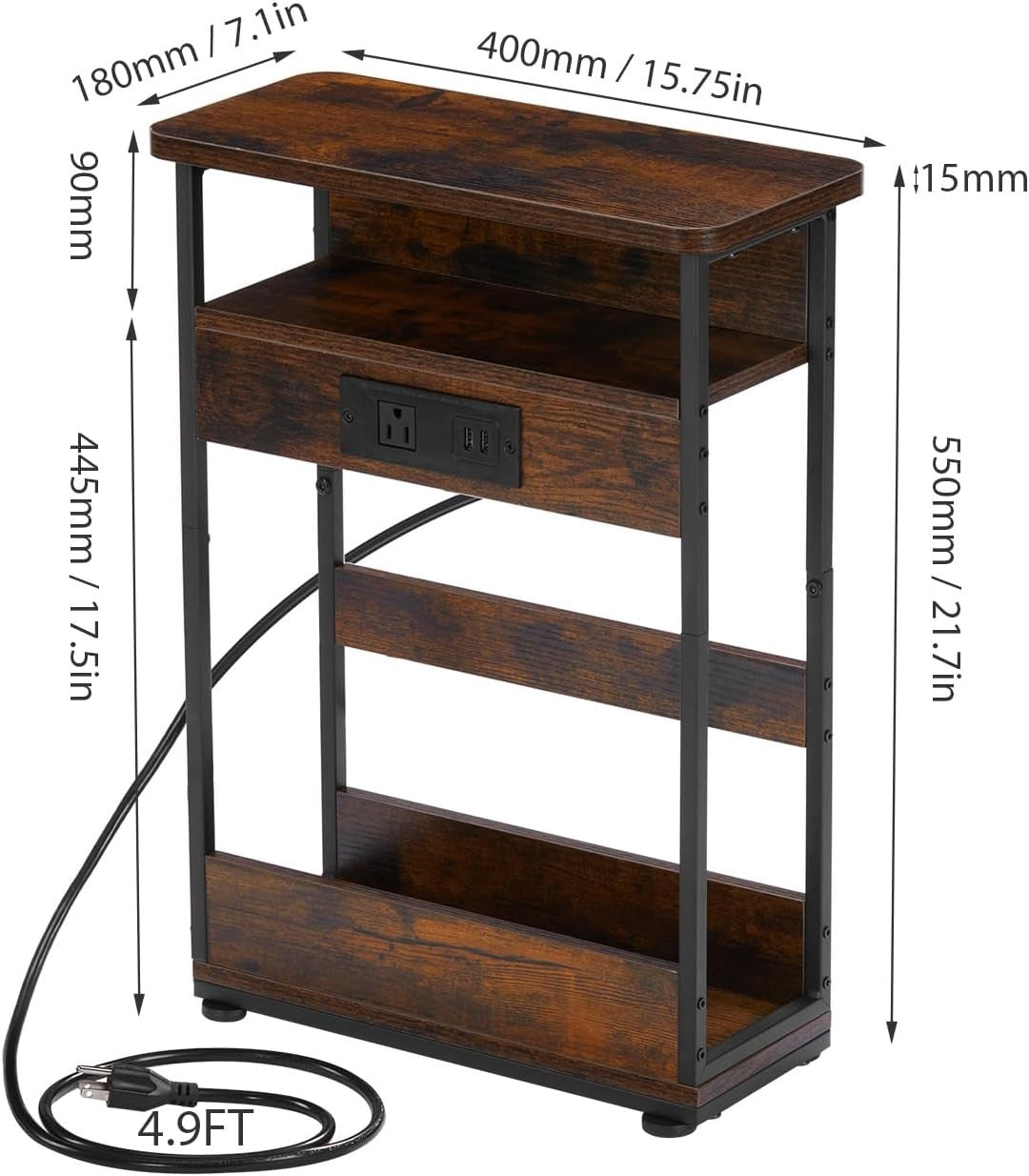 Slim Bedside Table with USB Charging Ports & Storage, Rustic Brown 55cm