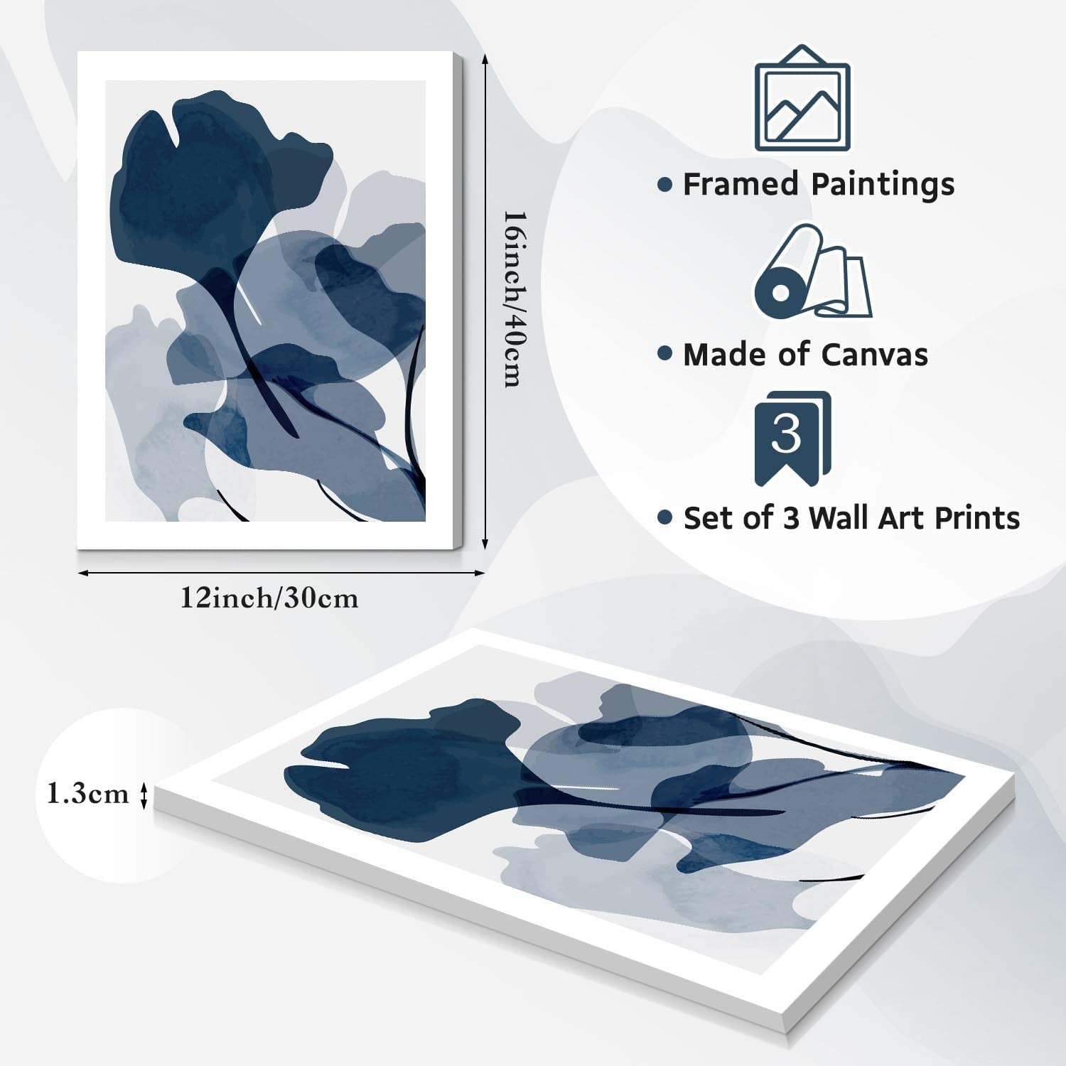 Framed Blue Flower Wall Art Set of 3 Botanical Prints 12x16in