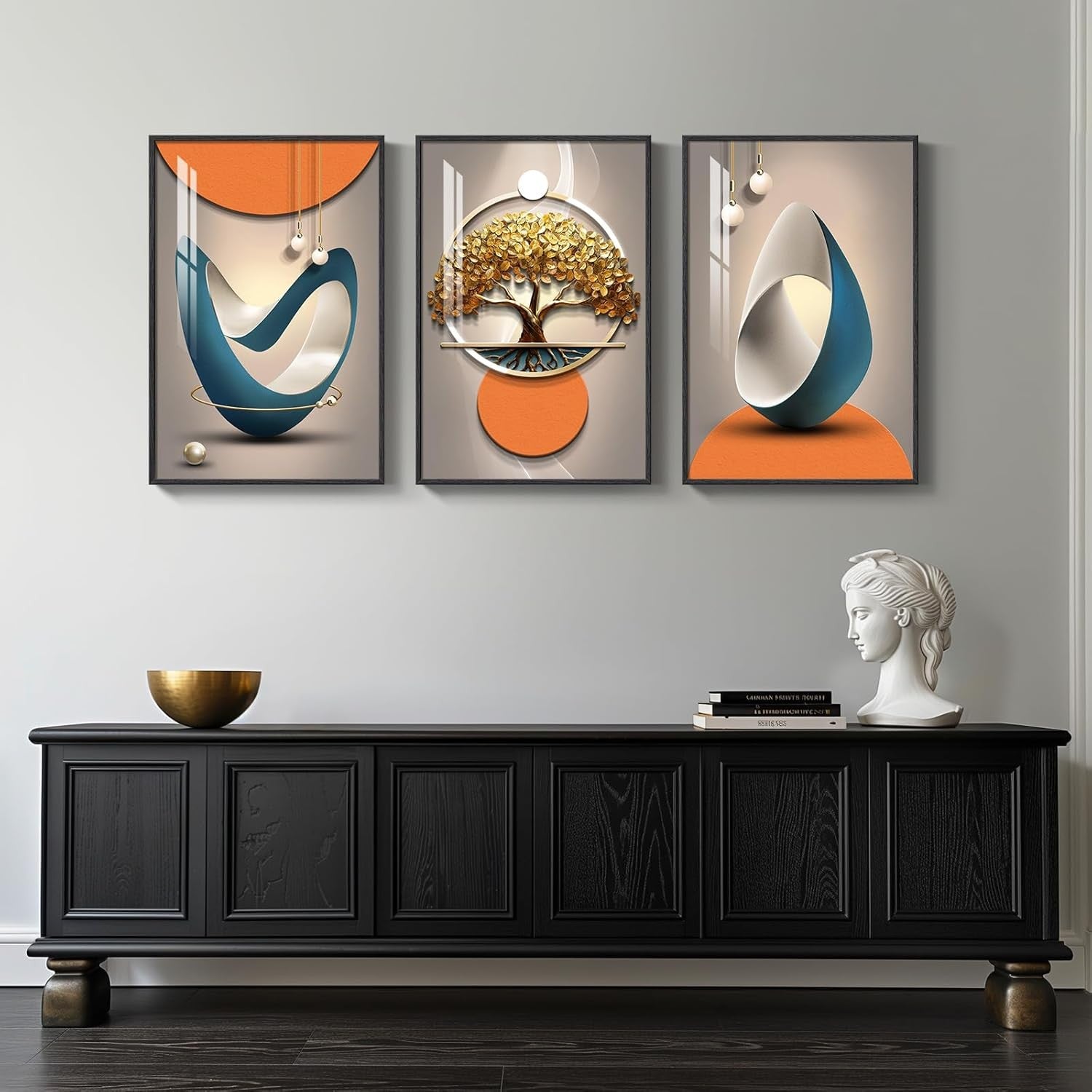 Large Framed Abstract Wall Art 3 Panel 24x36in Modern Orange Grey