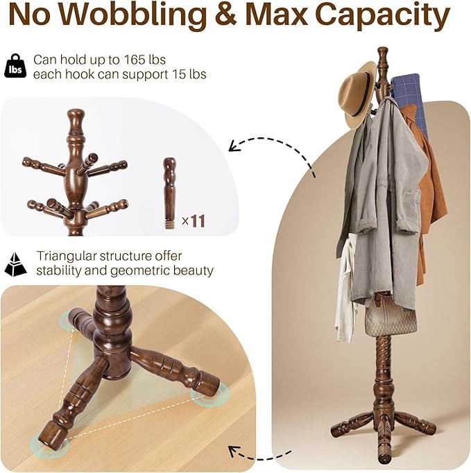 Wooden Coat Rack 188cm Tree Stand with 11 Hooks Heavy Duty Freestanding