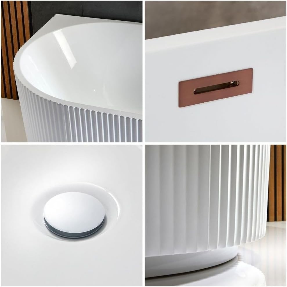 White Right Hand Fluted Corner Bath 1700x800mm Copper Overflow