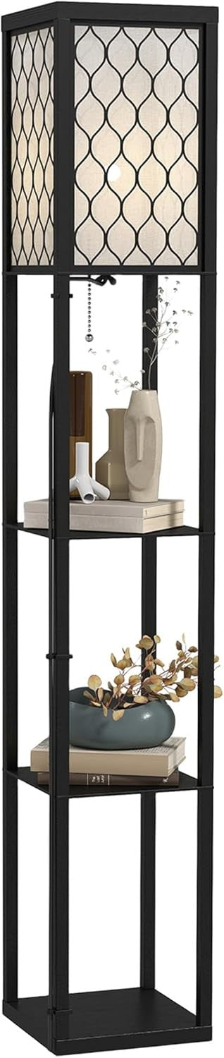 Floor Lamp with Shelves Tall Standing Light Fabric Shade Storage
