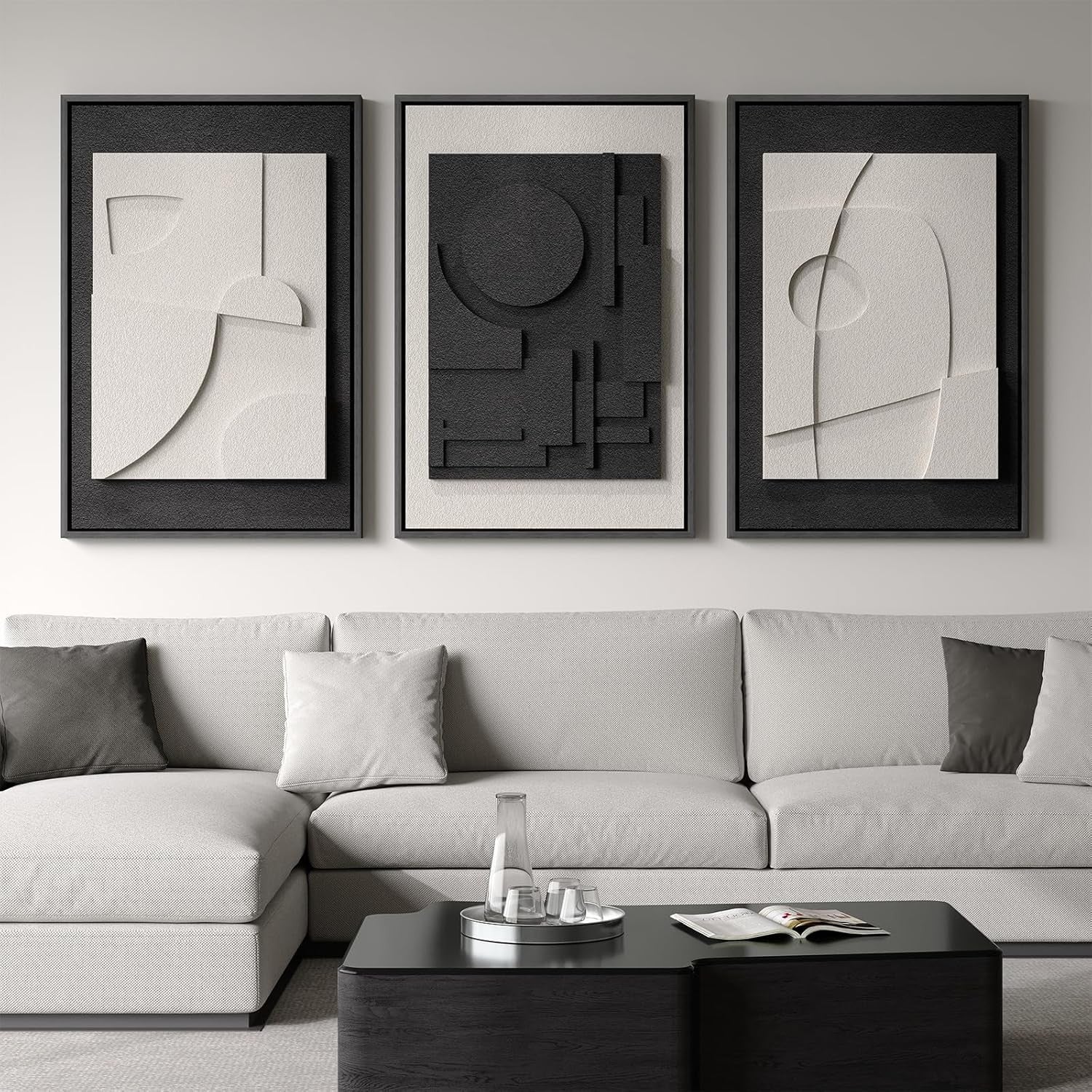 Large 3D Textured Wall Art 3pc 24x36in Black White Framed