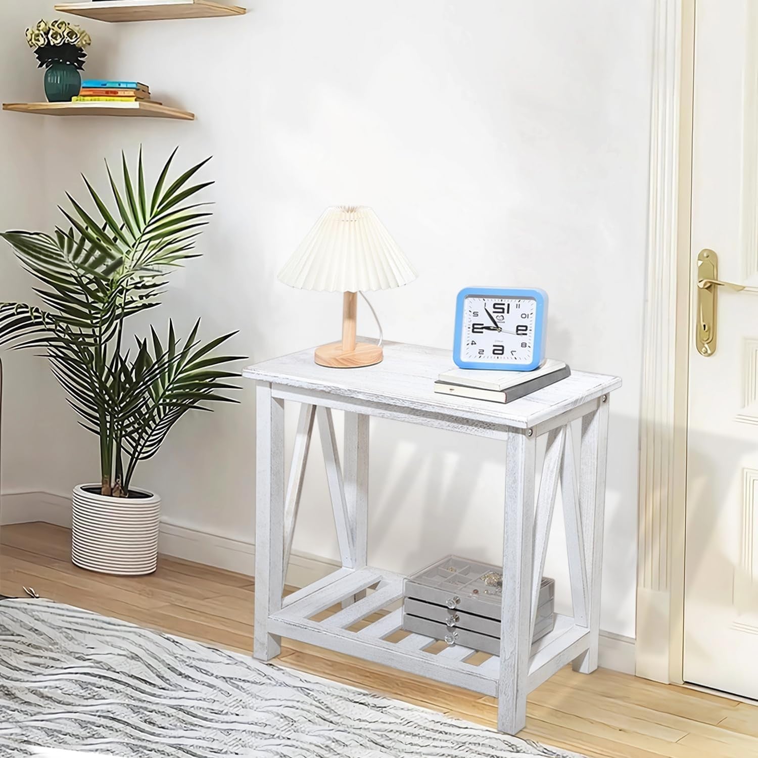 Slim Farmhouse End Table with Storage Shelf, Rustic White, Space-Saving