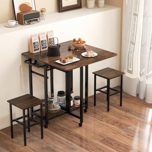 Foldable Drop Leaf Dining Table Set with Wine Rack Shelves & Stools on Wheels