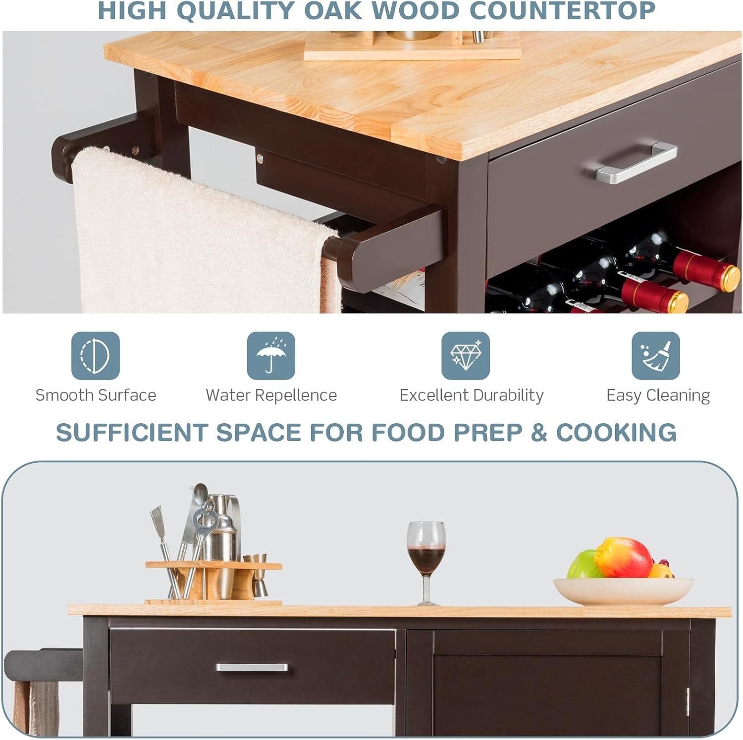 Rolling Kitchen Island Cart with Wine Rack Adjustable Shelf Oak Wood Top