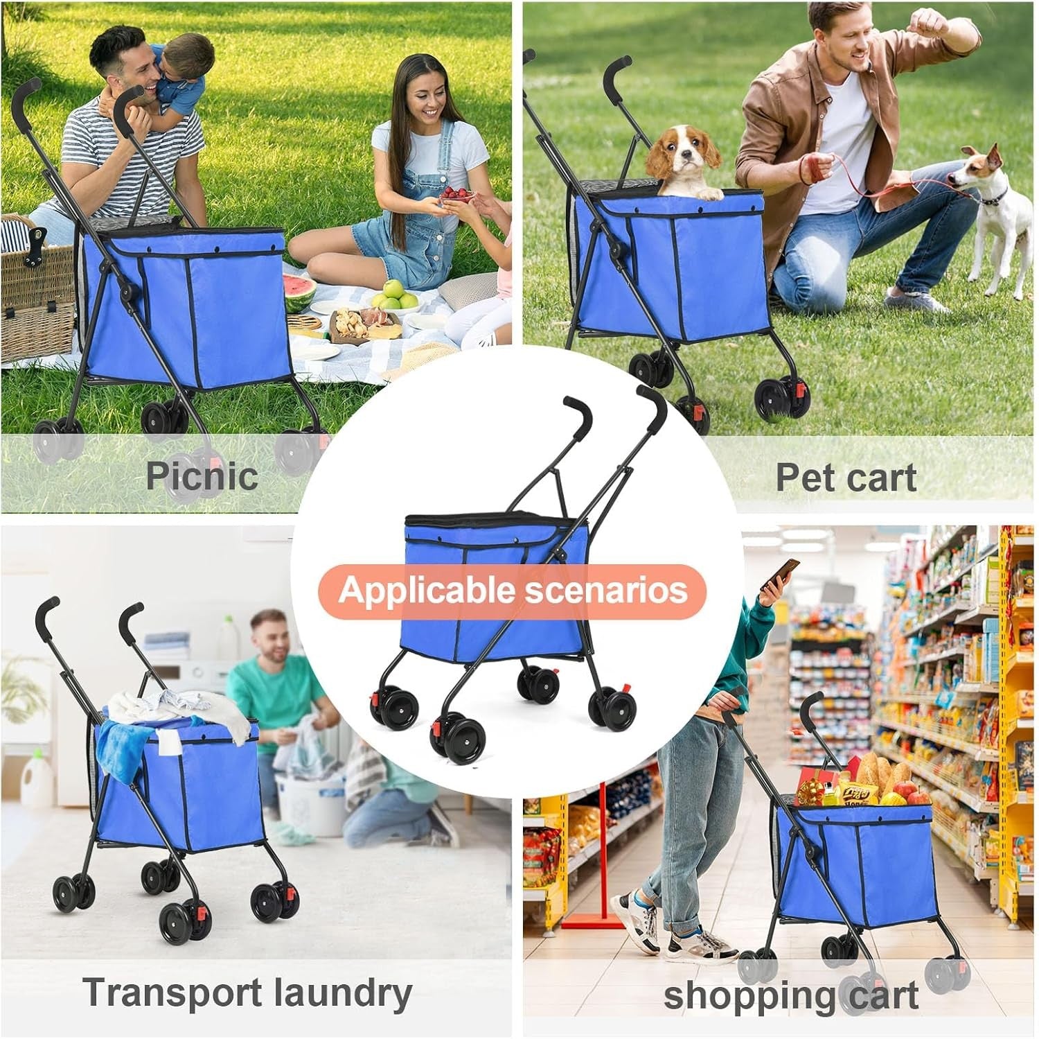 Blue Foldable Pet Shopping Cart Stroller 60lb Heavy Duty Utility Wagon