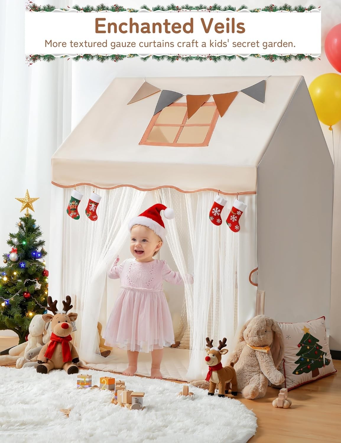 2 in 1 Kids Play Tent with Fence Large Indoor Playhouse Lights Mat