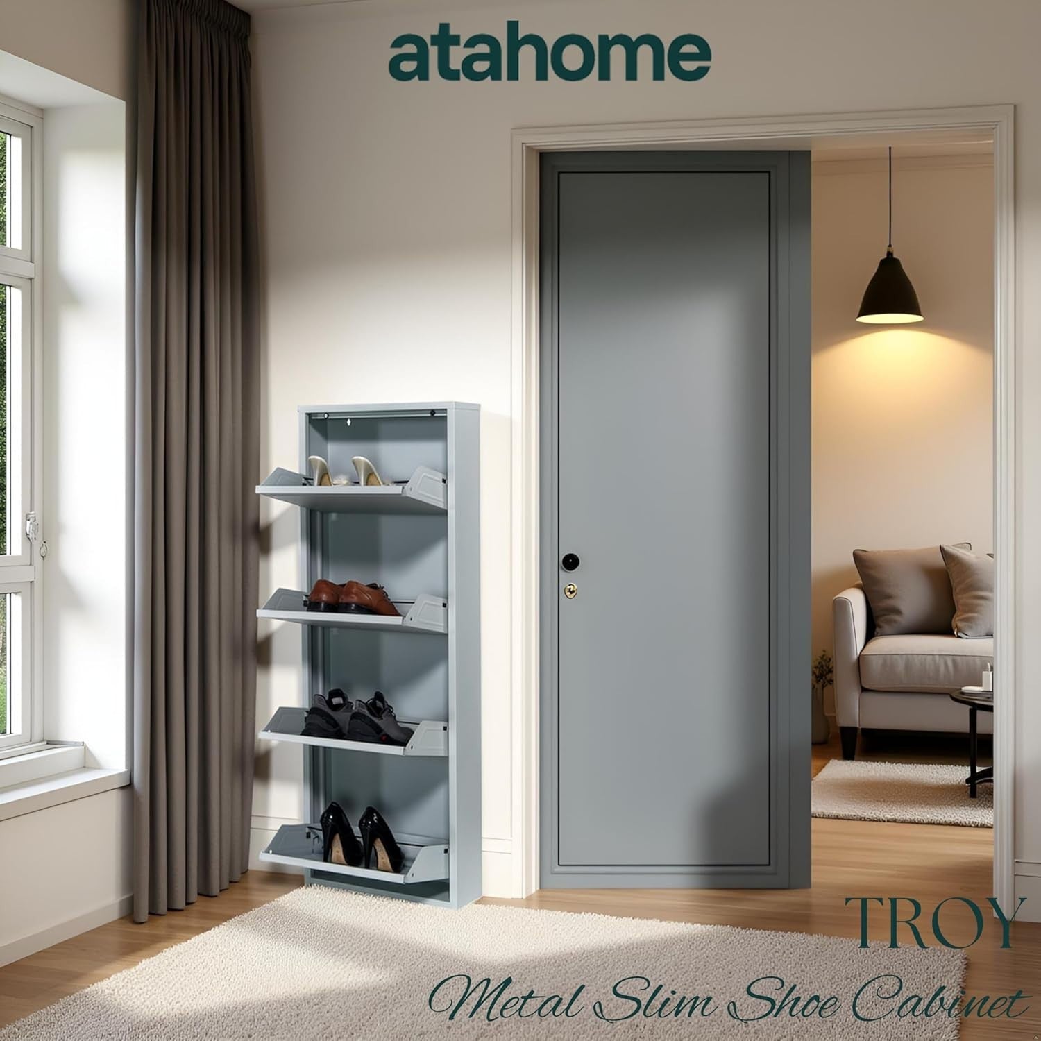 Slim Wall Mounted Shoe Cabinet 4-Tier Metal Storage Rack 138cm Grey