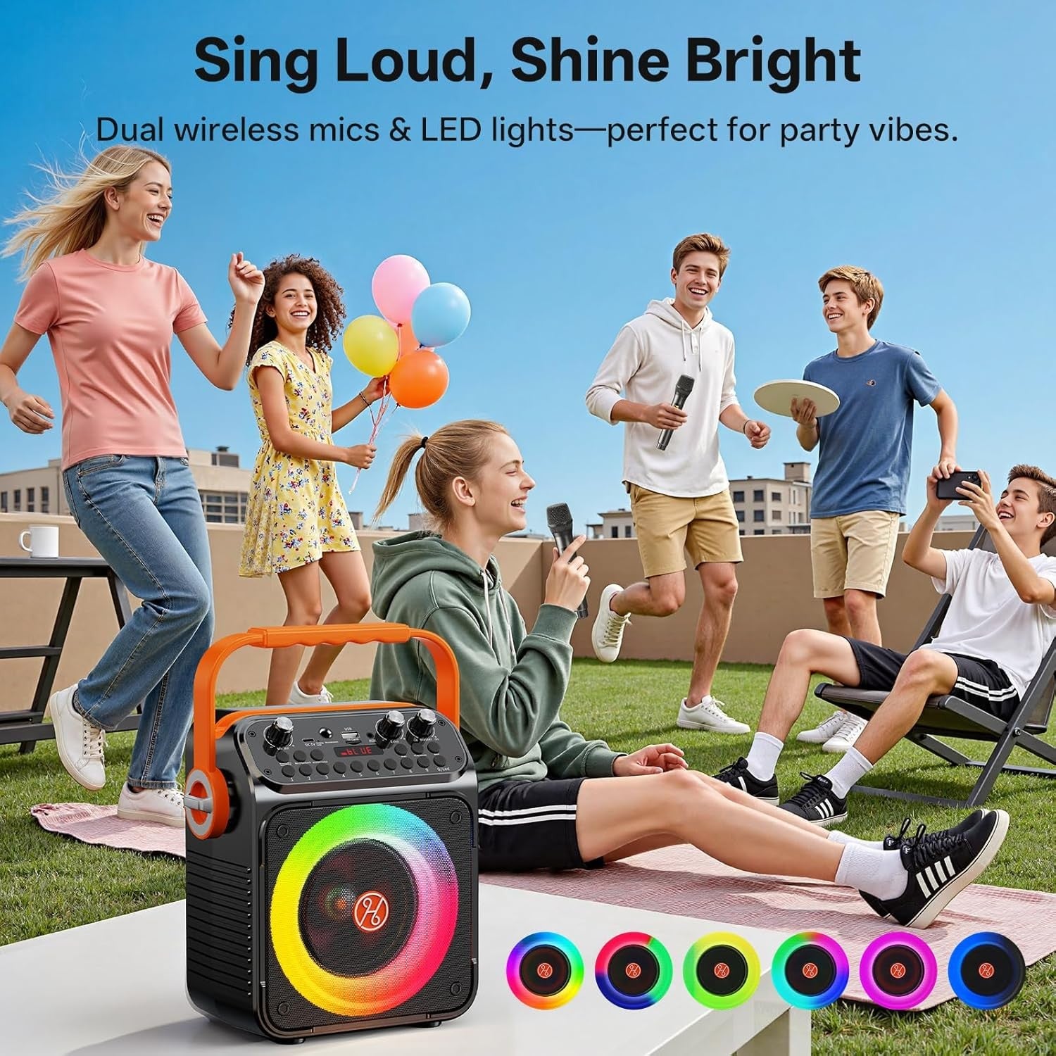 Bluetooth Karaoke Machine 2 Mics PA Speaker LED Lights REC