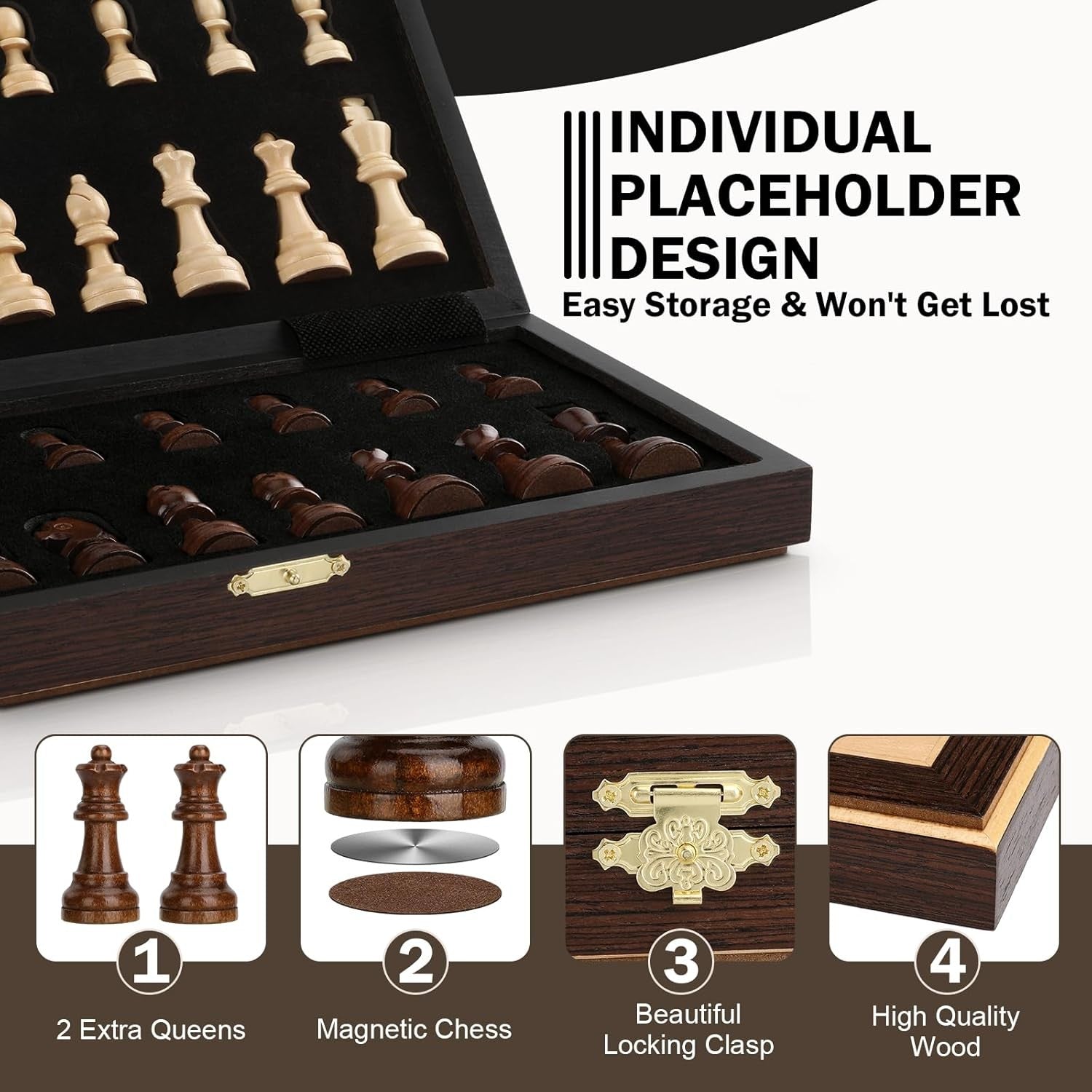 Wooden Magnetic Chess Set 30cm Folding Board w/ Storage & Extra Queens Ebony