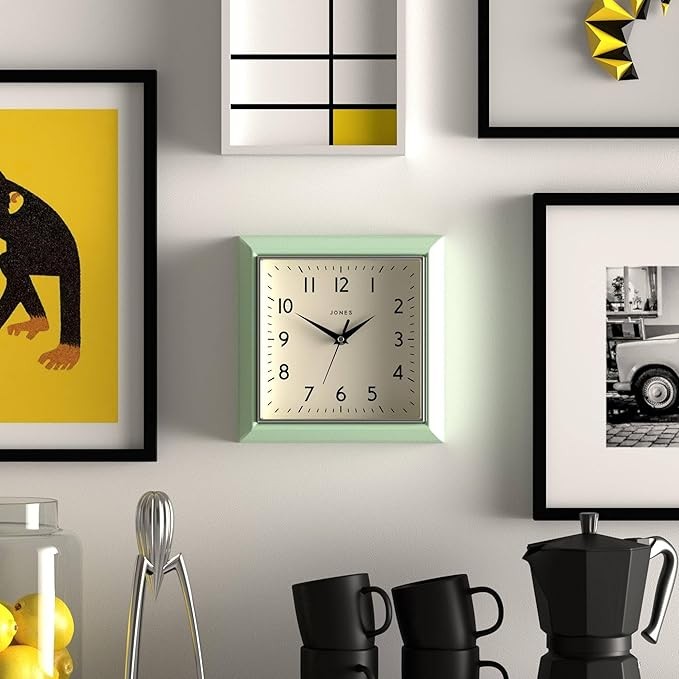 Green Retro Square Wall Clock 25cm Silent Quartz Easy Read Modern Kitchen Office