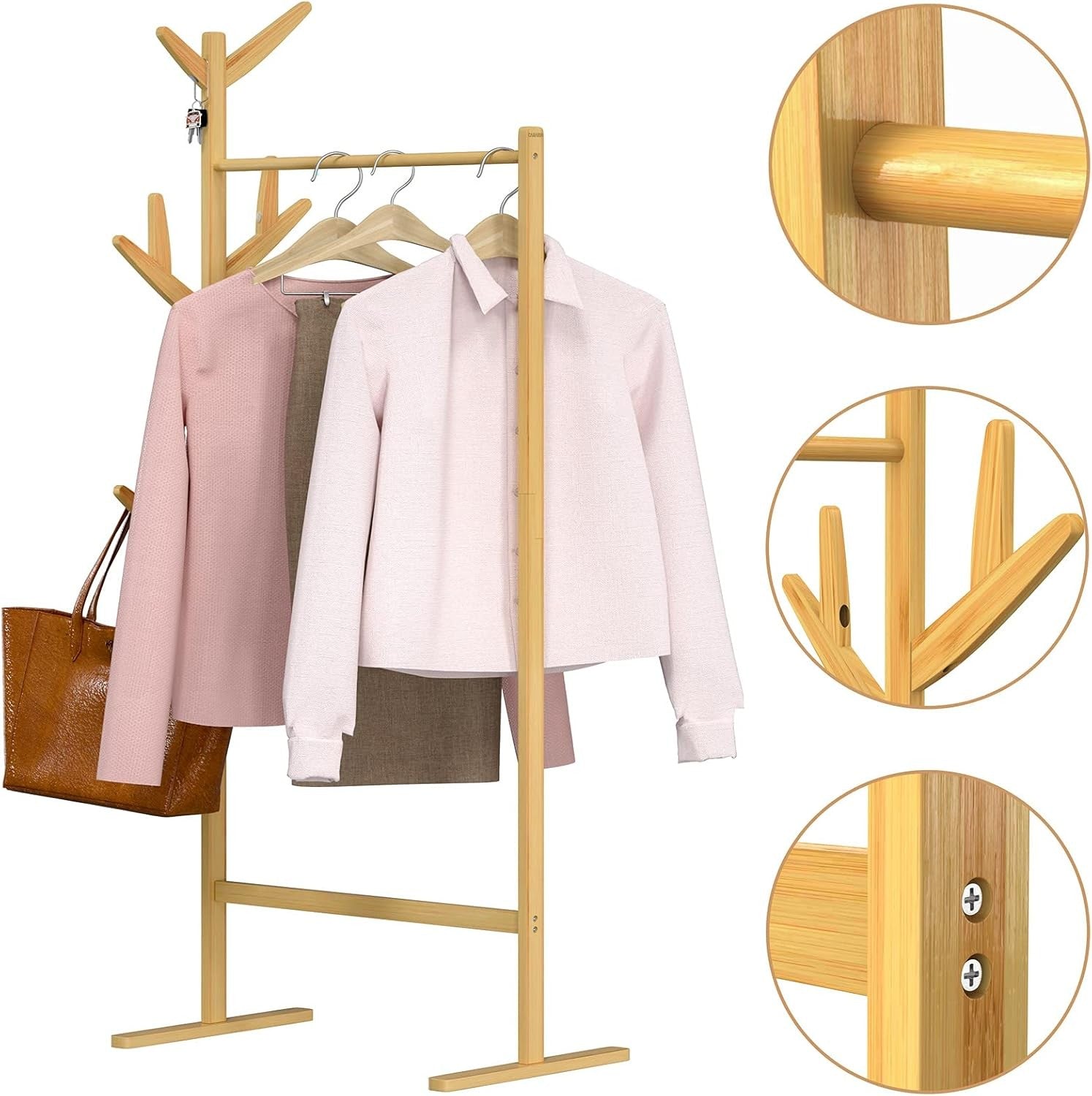 2-in-1 Wooden Bamboo Coat Rack Stand 8 Hooks Freestanding Hallway Hanger