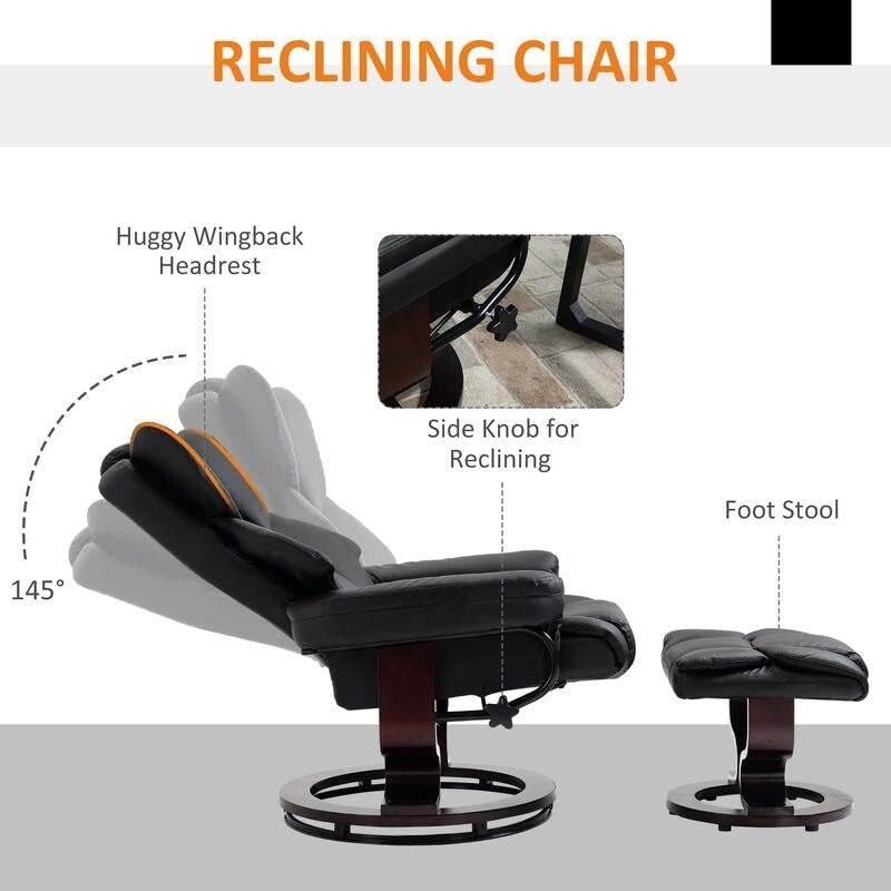 Black Recliner Swivel Armchair with Footstool PU Leather Lounge Chair