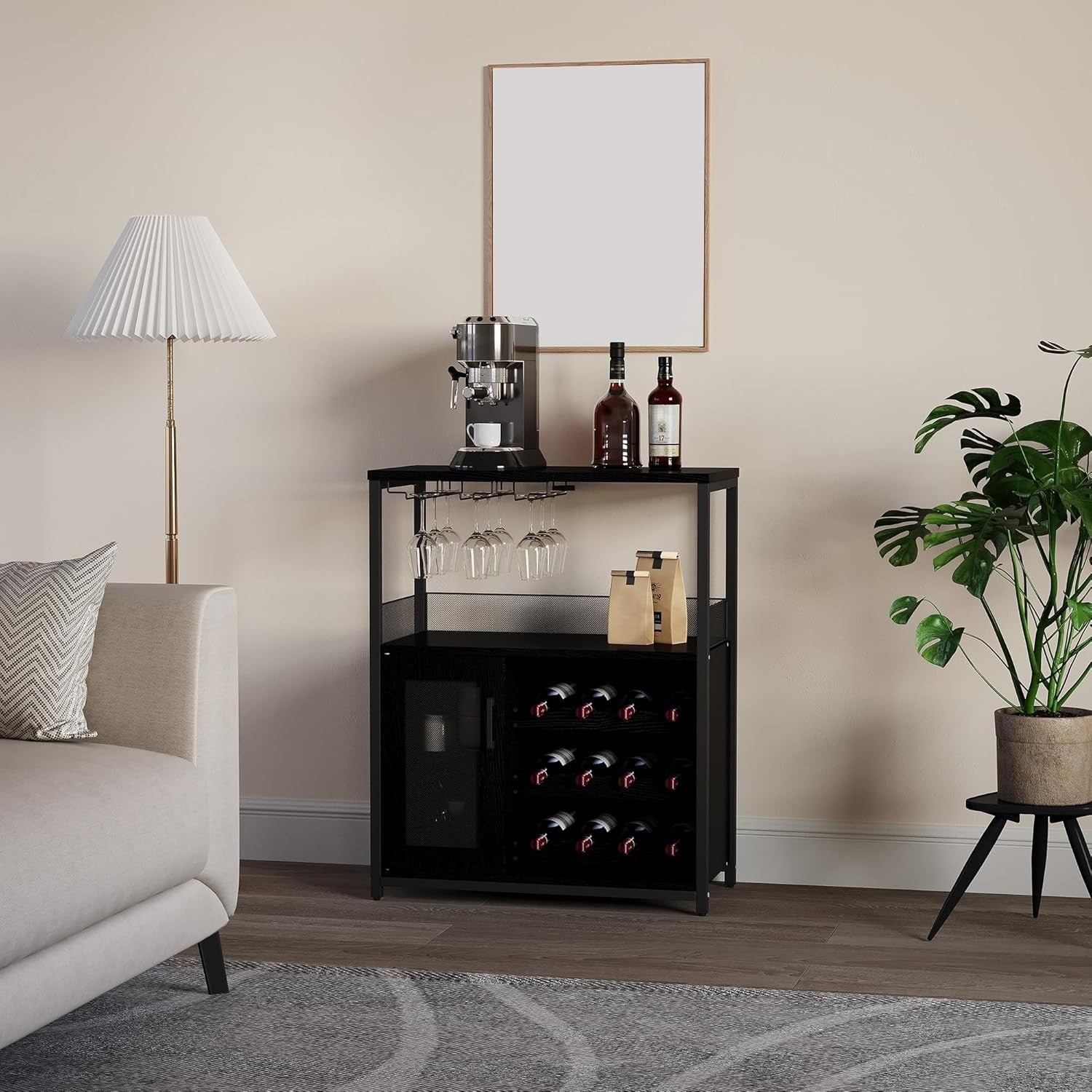 Black Industrial Wine Bar Cabinet with 12 Bottle Rack & Glass Holder, 69x35x92cm