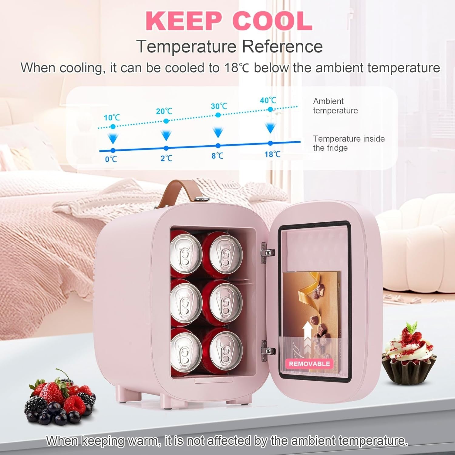 Portable 4L Mini Fridge Cooler Warmer with LED Makeup Mirror Pink