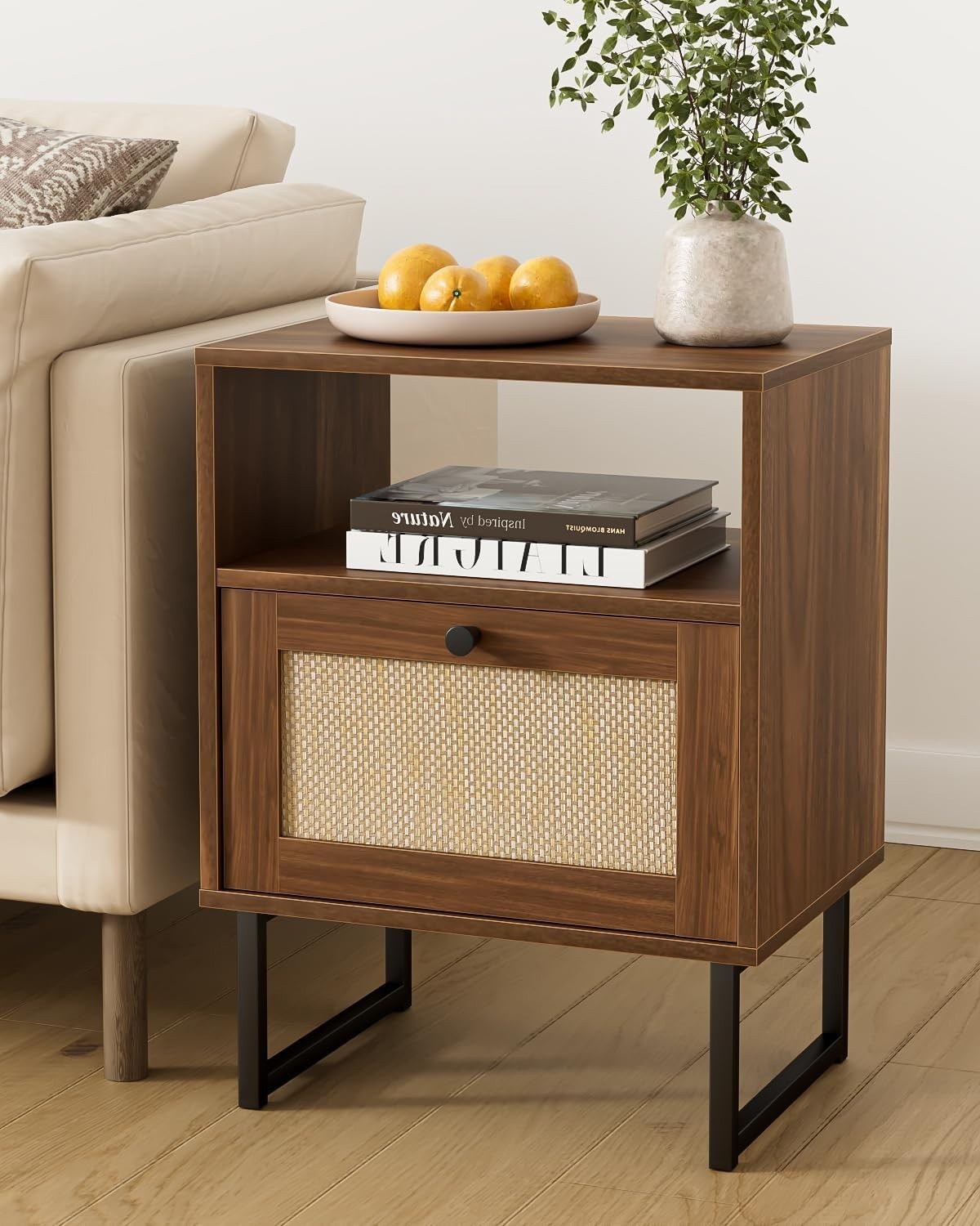 XL Rattan Bedside Table with Drawer Walnut Wood Nightstand Boho Farmhouse Style