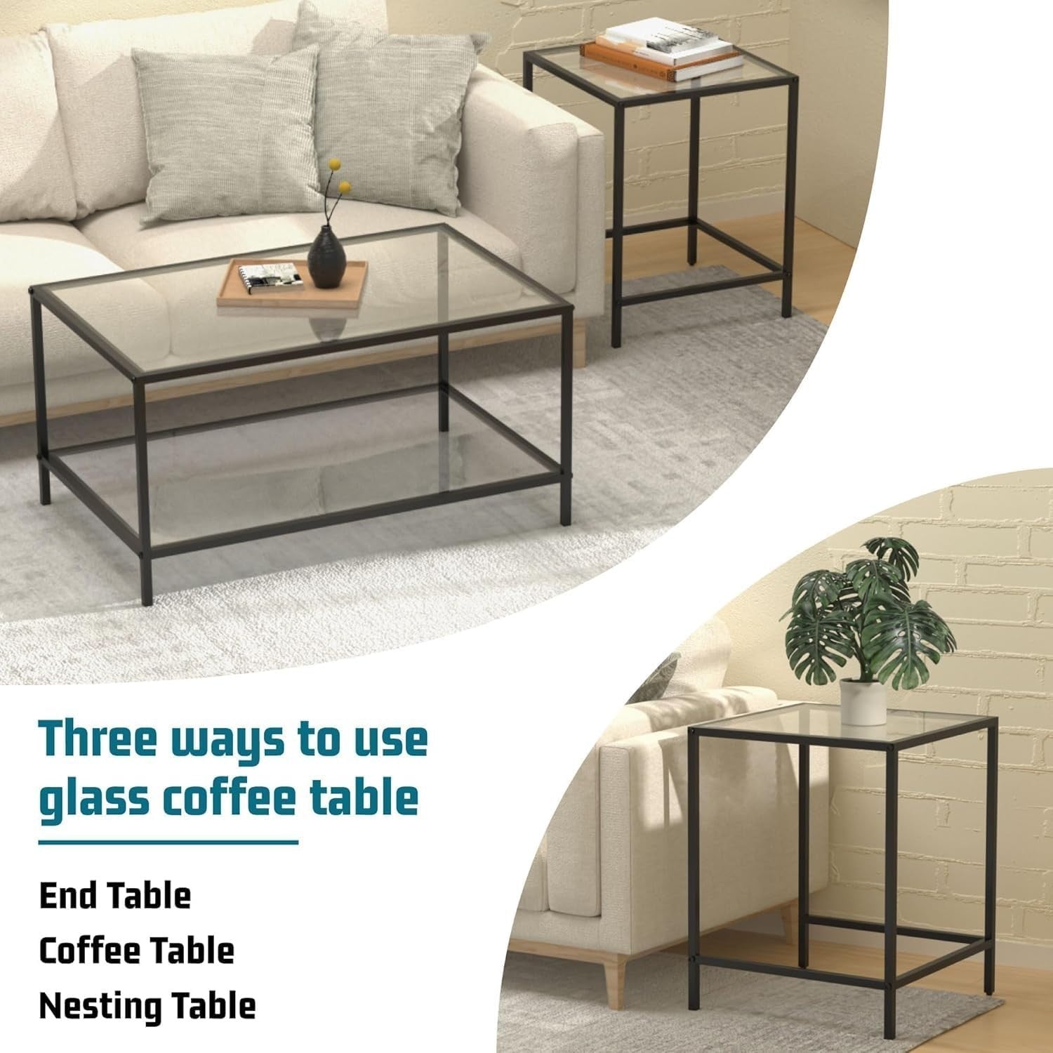 Modern Nesting Coffee End Table Set Glass Top Black Iron Frame Rectangular