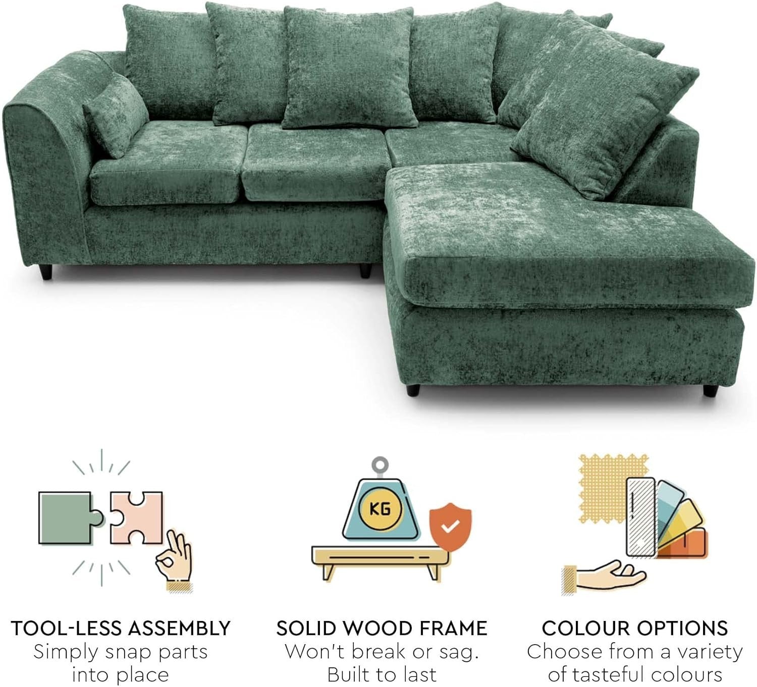 Green Chenille Corner Sofa Right – Modern L Shape Couch for Living Room