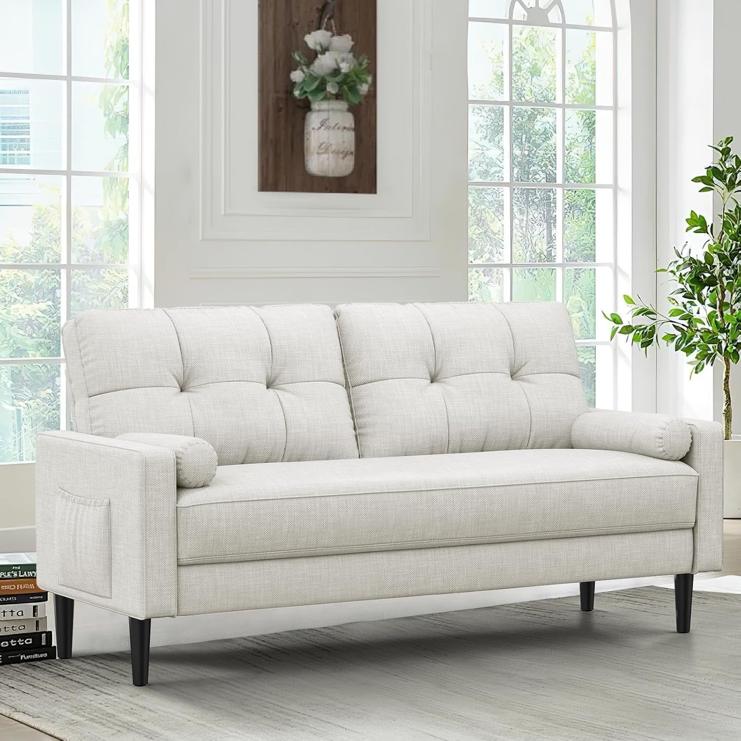 Modern Linen 2 Seater Sofa Small Space Couch with Storage & Cushions Beige