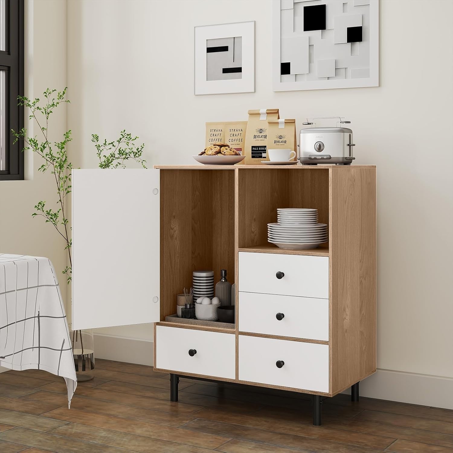 Modern 4 Drawer Sideboard Cabinet White & Natural with Open Shelf & Anti-Tip
