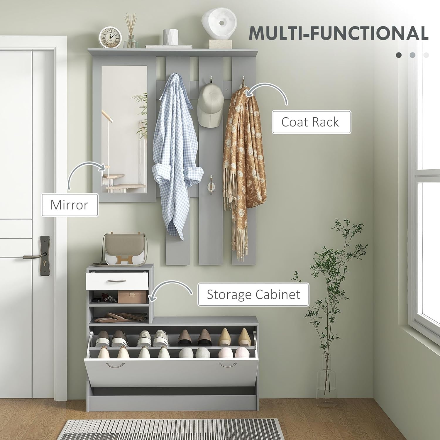 Dark Grey Hallway Furniture Set with Shoe Cabinet, Mirror & 6 Coat Hooks