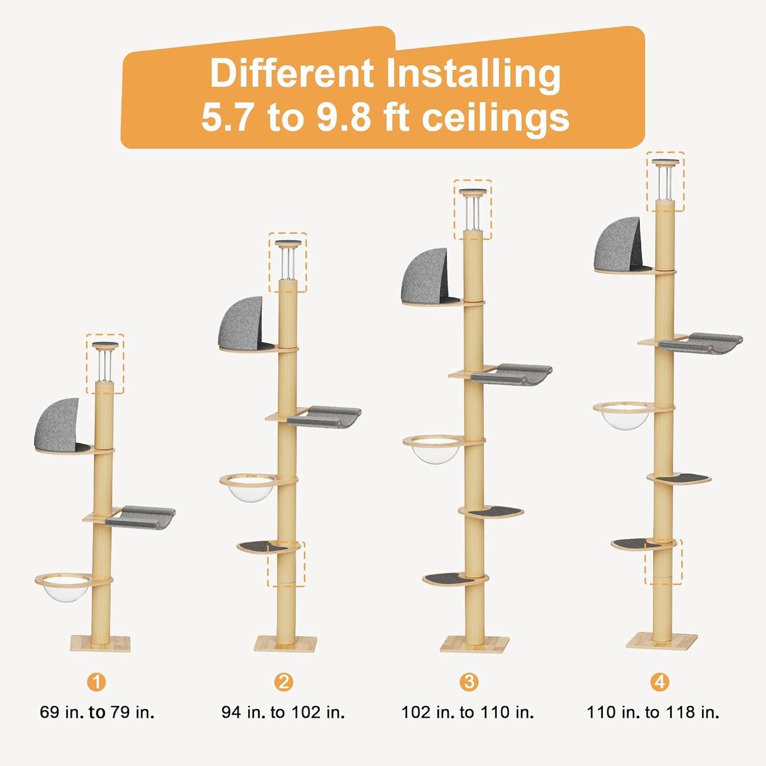 Floor to Ceiling Cat Tree Tower 6 Level Adjustable Scratching Post Capsule Bed