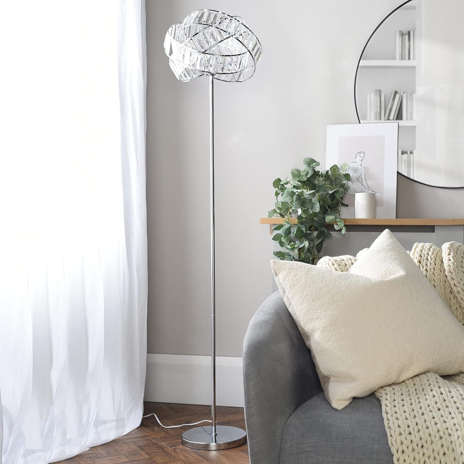 Modern Chrome Floor Lamp with Clear Acrylic Jewel Rings & Foot Switch