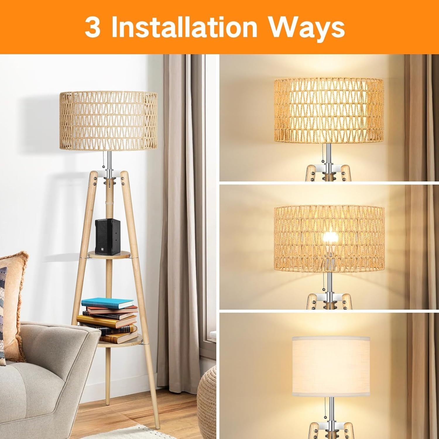 Adjustable Rattan Floor Lamp with Shelves & Remote, Dimmable Warm Light