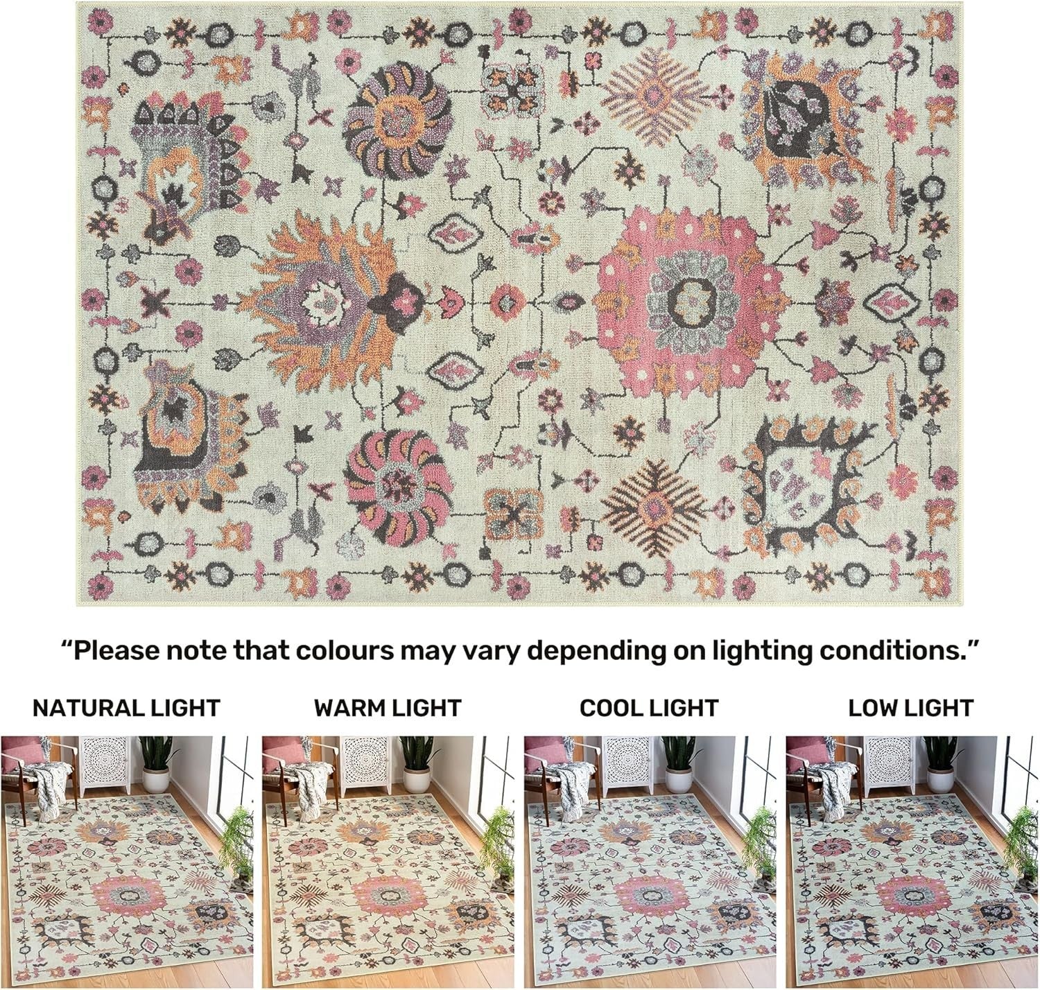Washable Runner Rug 60x180cm Non-Slip Short Pile Dusk Beige Pink Vintage Hallway